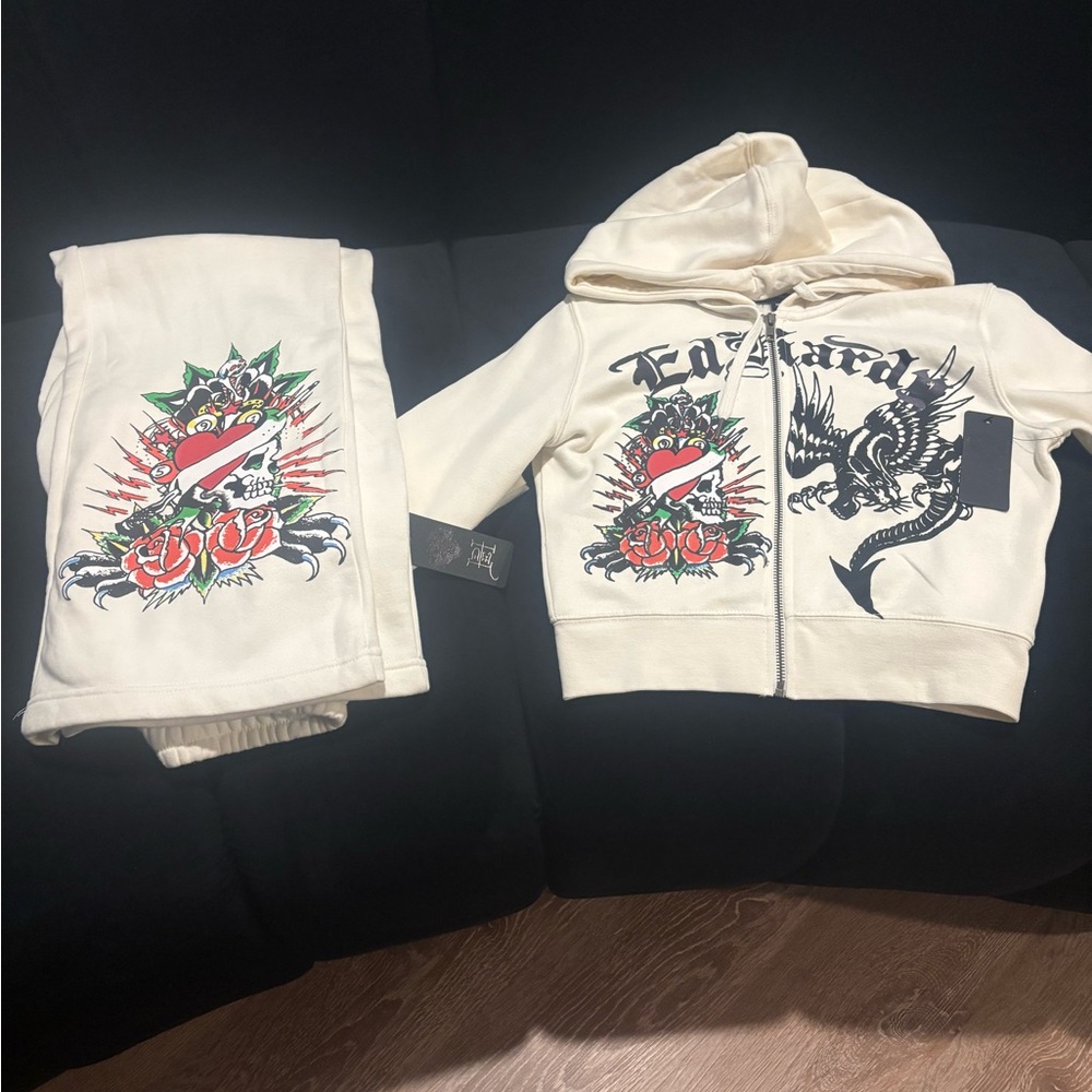 Ed Hardy Women's Cream Wide Leg Pants & Hoodie Set